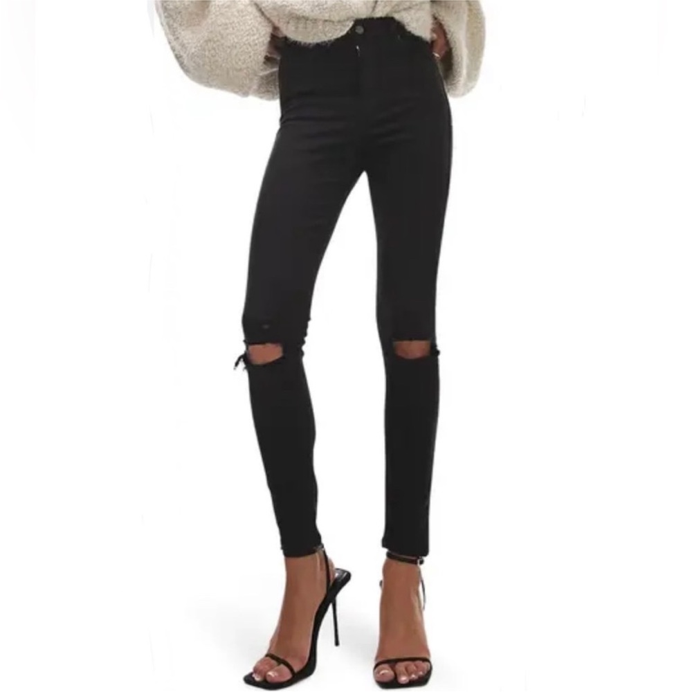 Topshop Jamie high waisted skinny black distressed Jeans with cutout at knees 28
